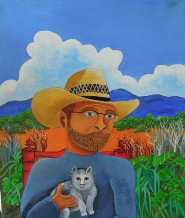 Pintura intitulada "portrait avec chat" por Gérard Michel, Obras de arte originais, Óleo