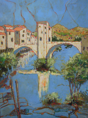 Painting titled "vieux-pont de Sospel" by Gérard Michel, Original Artwork, Acrylic Mounted on Wood Stretcher frame