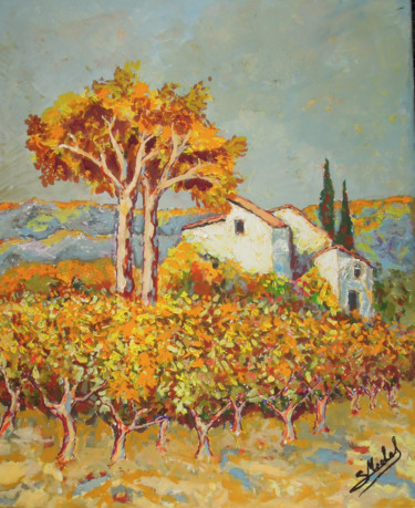 Painting titled "vignes en automne" by Gérard Michel, Original Artwork, Acrylic Mounted on Wood Stretcher frame