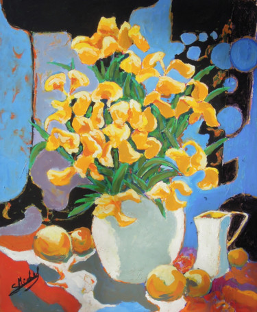 Painting titled "iris jaunes" by Gérard Michel, Original Artwork, Acrylic Mounted on Wood Stretcher frame