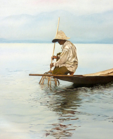 Pintura intitulada "pêche lac Inlé 2" por Gerard Monborren, Obras de arte originais, Óleo