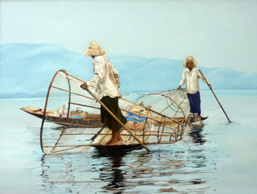 Peinture intitulée "Pêcheurs" par Gerard Monborren, Œuvre d'art originale, Huile