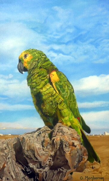 Peinture intitulée "oiseau des îles" par Gerard Monborren, Œuvre d'art originale, Huile Monté sur Châssis en bois