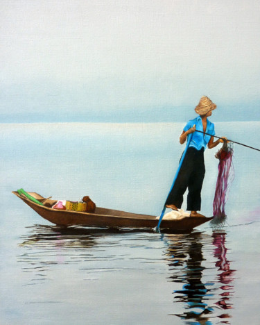 Peinture intitulée "pêcheur lac Inlé" par Gerard Monborren, Œuvre d'art originale, Huile