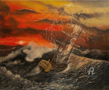 Peinture intitulée "L'orage en mer" par Gérard Pinel, Œuvre d'art originale, Huile