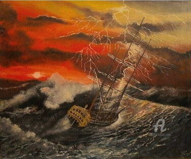 Painting titled "L'orage en mer" by Gérard Pinel, Original Artwork, Oil