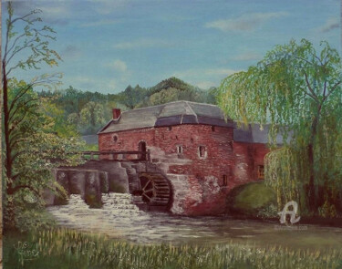 Pintura intitulada "Le moulin de Rombies" por Gérard Pinel, Obras de arte originais, Óleo