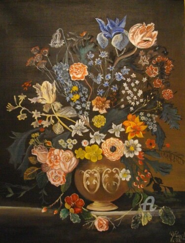 Painting titled "Bouquet de fleurs" by Gérard Pinel, Original Artwork, Oil