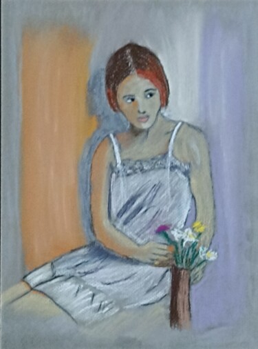 Desenho intitulada "Femme aux bouquets" por Gerard Pompee, Obras de arte originais, Pastel