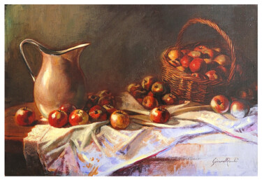 Painting titled "LES POMMES" by Gérard Rombi, Original Artwork, Oil Mounted on Cardboard