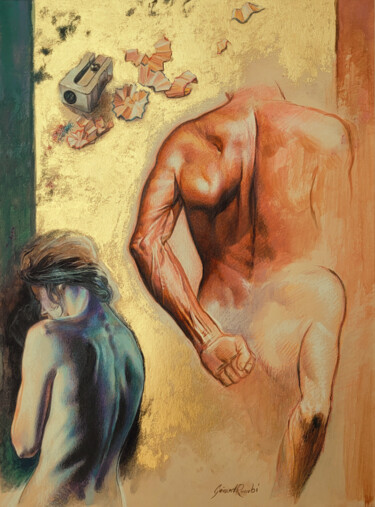 Drawing titled "DOS D'OR" by Gérard Rombi, Original Artwork, Pastel Mounted on Cardboard