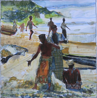 Dibujo titulada "Pêcheurs du Kerala" por Gérard Valluet, Obra de arte original, Acuarela