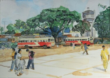 Pintura intitulada "Gare Routière" por Gérard Valluet, Obras de arte originais, Aquarela
