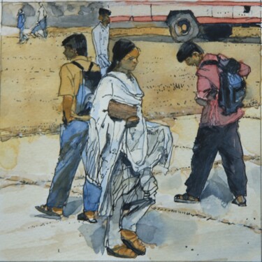 Painting titled "Voyageurs en gare r…" by Gérard Valluet, Original Artwork, Watercolor