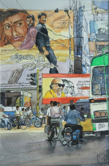 绘画 标题为“Soir à Mysore” 由Gérard Valluet, 原创艺术品, 水彩
