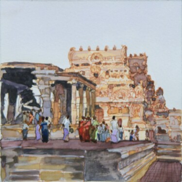 Pittura intitolato "Temple Nandi à Tanj…" da Gérard Valluet, Opera d'arte originale, Acquarello