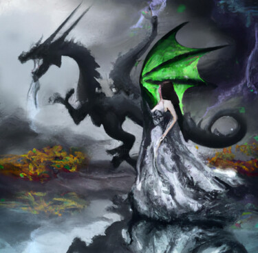 Artes digitais intitulada "Women and Dragon" por Gerard Yadav, Obras de arte originais, Imagem gerada por IA