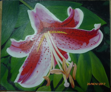 Painting titled "Flor con Pistilos" by Gerardo Rodriguez Granda, Original Artwork, Oil Mounted on Other rigid panel