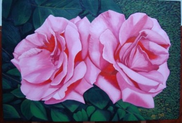 Painting titled "Rosas" by Gerardo Rodriguez Granda, Original Artwork, Oil Mounted on Wood Panel