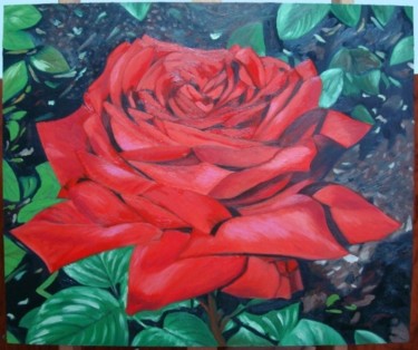 Painting titled "Rosa Roja" by Gerardo Rodriguez Granda, Original Artwork, Oil Mounted on Wood Panel