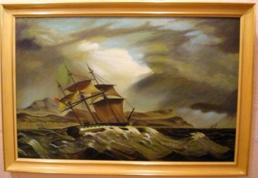 Painting titled "Velero en la tormen…" by Gerardo Rodriguez Granda, Original Artwork, Oil