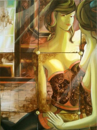 Painting titled "Femme au miroir" by Gérard Simonin, Original Artwork