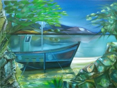 Peinture intitulée "Bateau sur l'Aven" par Gérard Simonin, Œuvre d'art originale