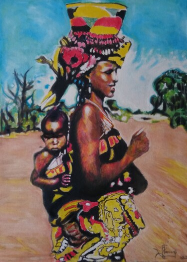 Painting titled "Femme africaine,ave…" by Gerden, Original Artwork, Oil