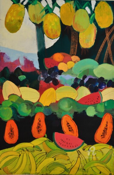 Painting titled "Fruit market" by Gergana Balabanova, Original Artwork, Oil Mounted on Wood Stretcher frame