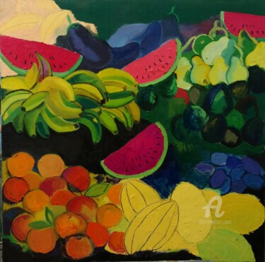 Painting titled "Fruit market II" by Gergana Balabanova, Original Artwork, Oil Mounted on Wood Stretcher frame