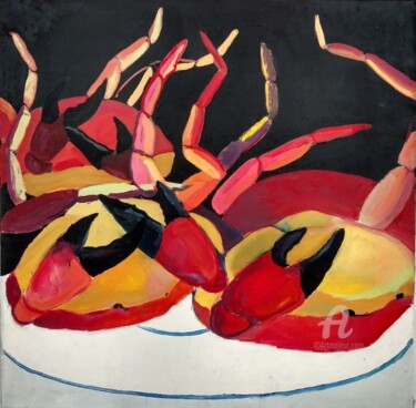 Painting titled "Fish market - crabs" by Gergana Balabanova, Original Artwork, Oil Mounted on Wood Stretcher frame