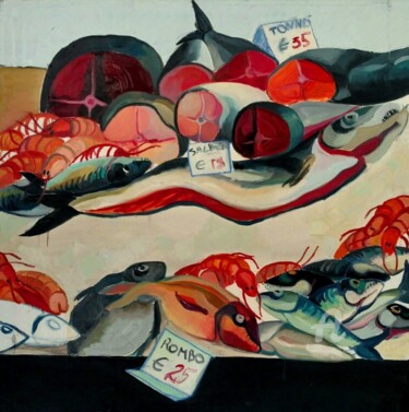 Painting titled "Fish market II" by Gergana Balabanova, Original Artwork, Oil Mounted on Wood Stretcher frame