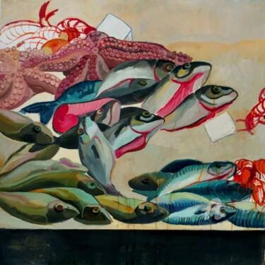 Painting titled "Fish market III" by Gergana Balabanova, Original Artwork, Oil Mounted on Wood Stretcher frame