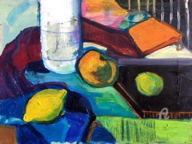 Painting titled "Lemon still life" by Gergana Balabanova, Original Artwork, Oil Mounted on Wood Stretcher frame