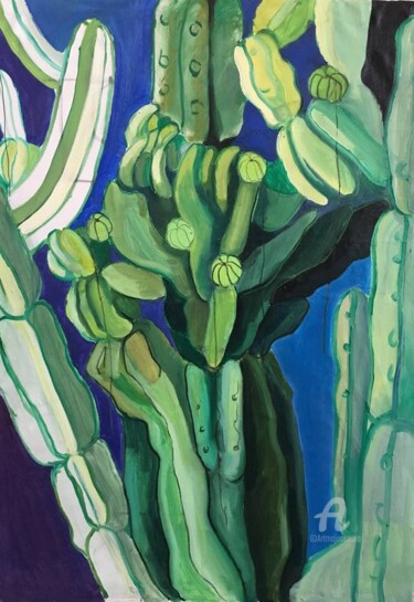 Painting titled "Cactus" by Gergana Balabanova, Original Artwork, Oil Mounted on Wood Stretcher frame