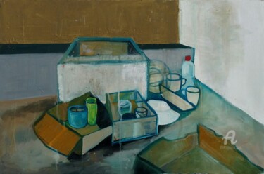 Painting titled "Packing" by Gergana Balabanova, Original Artwork, Oil Mounted on Wood Stretcher frame