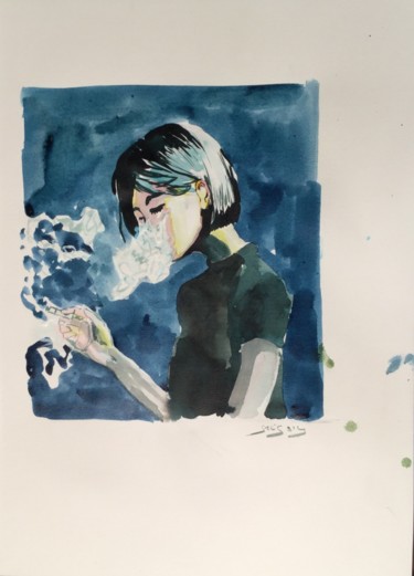 Peinture intitulée "Fumée bleu" par Grégory H, Œuvre d'art originale, Encre