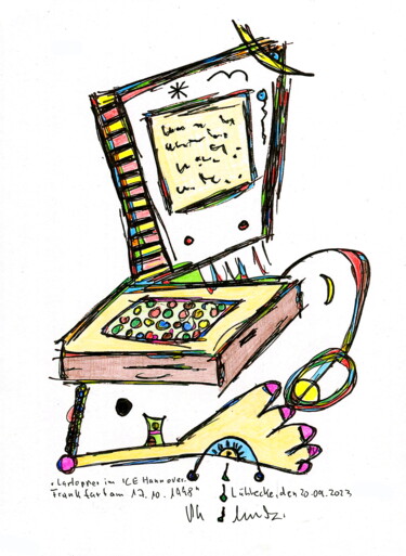Drawing titled "Laptopper im ICE Ha…" by Gerhard Pollheide, Original Artwork, Ink