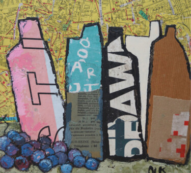 Painting titled "BOUTEILLES AU PLAN…" by Germain Henneka, Original Artwork, Collages Mounted on Cardboard