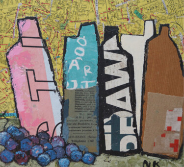 BOUTEILLES AU PLAN DE PARIS Peinture intitulée "BOUTEILLES AU PLAN…" par Germain Henneka, Œuvre d'art originale, Collages Monté sur Carton