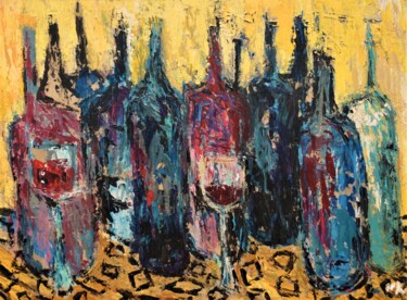 BOUTEILLES COLOREES SUR FOND JAUNE Peinture intitulée "BOUTEILLES COLOREES…" par Germain Henneka, Œuvre d'art originale, Acrylique