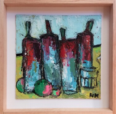 Painting titled "QUATRE BOUTEILLES R…" by Germain Henneka, Original Artwork, Acrylic Mounted on Cardboard