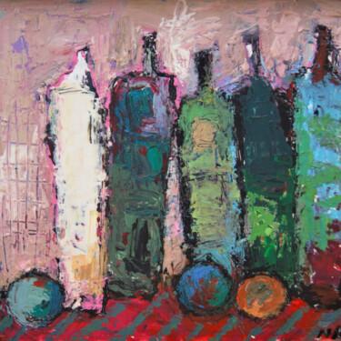 Painting titled "CINQ BOUTEILLES AU…" by Germain Henneka, Original Artwork, Acrylic Mounted on Cardboard