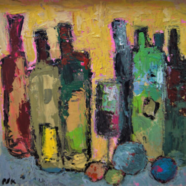 Painting titled "BOUTEILLES AU FOND…" by Germain Henneka, Original Artwork, Acrylic Mounted on Cardboard