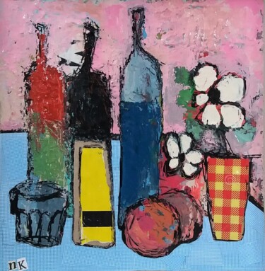 Painting titled "LE VASE ROUGE ET JA…" by Germain Henneka, Original Artwork, Acrylic Mounted on Cardboard