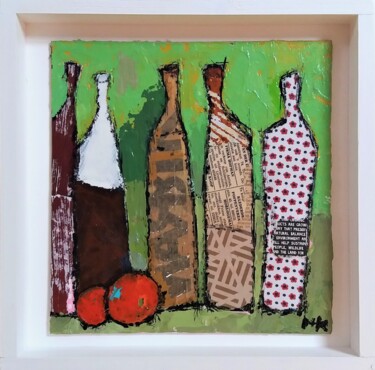 Painting titled "BOUTEILLES SUR FOND…" by Germain Henneka, Original Artwork, Acrylic Mounted on Cardboard