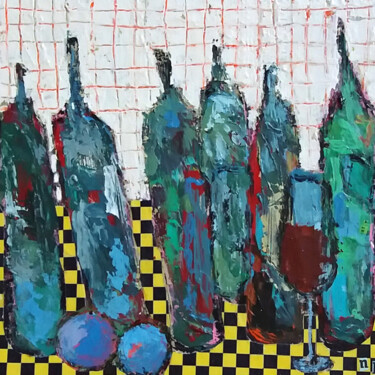 Painting titled "BOUTEILLES SUR DAMI…" by Germain Henneka, Original Artwork, Acrylic Mounted on Cardboard