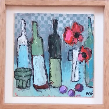 Painting titled "BOUTEILLES ET COQUE…" by Germain Henneka, Original Artwork, Acrylic Mounted on Cardboard