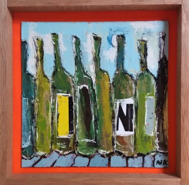 Painting titled "BOUTEILLES ET CIEL…" by Germain Henneka, Original Artwork, Acrylic Mounted on Cardboard