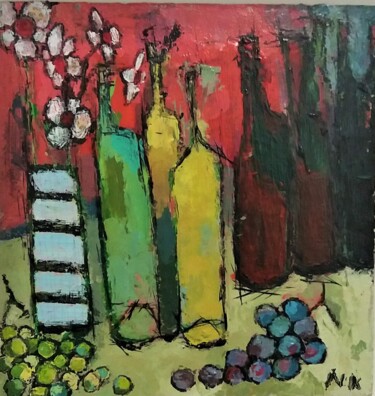 Painting titled "BOUTEILLES ET FLEURS" by Germain Henneka, Original Artwork, Collages Mounted on Cardboard